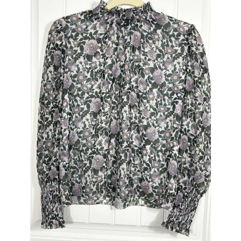 Wilfred Aritzia Floral Smocked Sheer Blouse XS Purple Long Sleeve Romantic Top